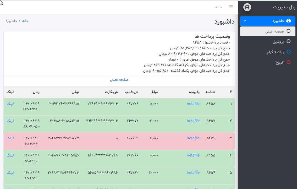 صفحه نمایش کل پرداخت ها در اسکریپت درگاه پرداخت واسط ساتا پی